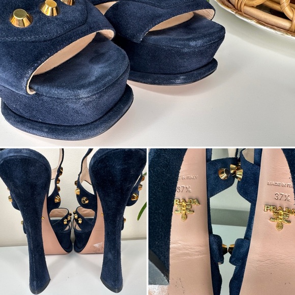 PRADA Navy Blue Suede Gold Stud Platform Sandals Heels 37.5 Italy - Picture 10 of 13